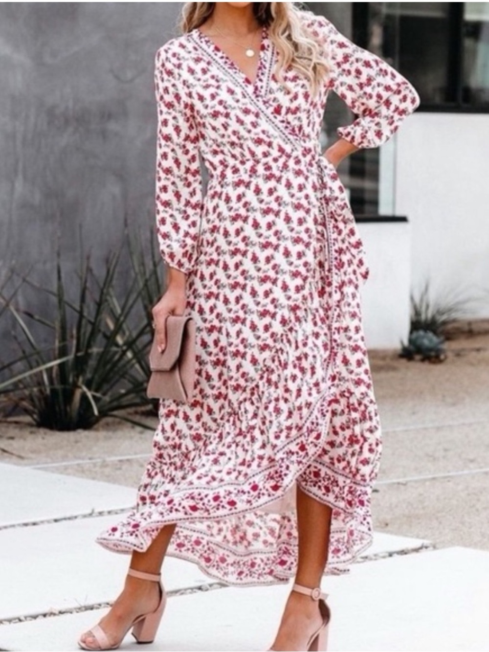 Boho Floral Wrap Maxi Dress in White and Pink